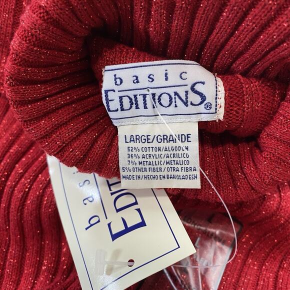 BASIC EDITIONS Red Glitter Turtle Neck Sweater Ribbed Christmas L - Picture 3 of 6
